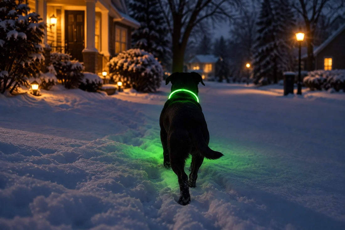 Black dog wearing a bright green LED collar for better visibility during a snowy nighttime walk.