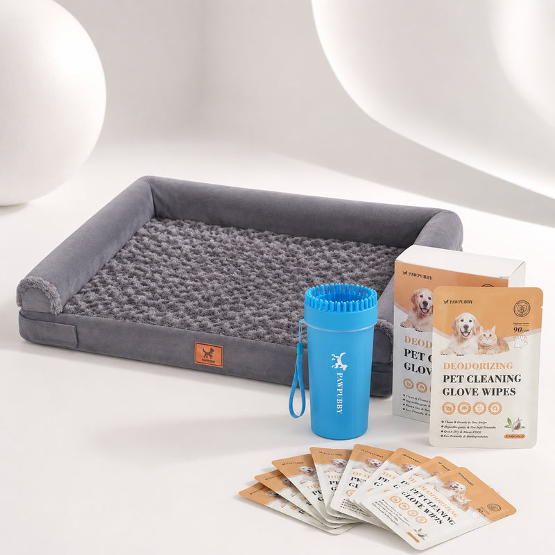 PAWPUBBY Cozy Home Kit with dog sofa bed, pet cleaning glove wipes, and paw cleaner brushes